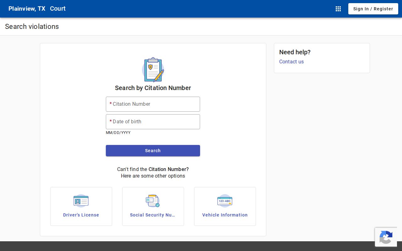 Plainview court docket citation search interface