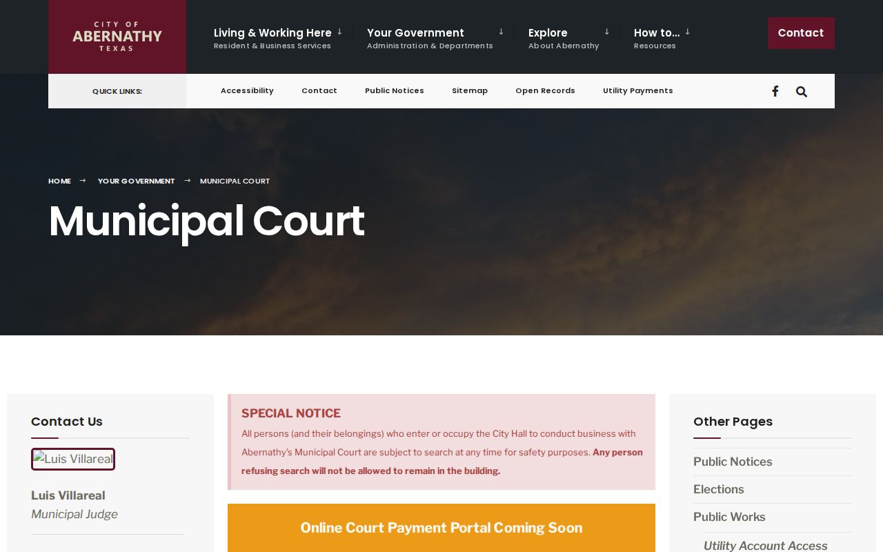 Abernathy Municipal Court page with hours, jurisdiction, and online payment coming soon notice