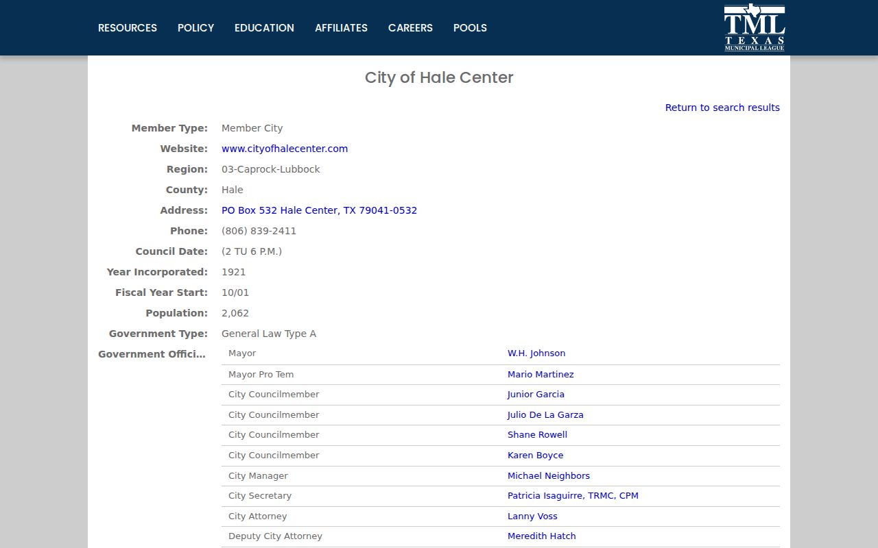 Hale Center docket search contacts in the Texas Municipal League profile