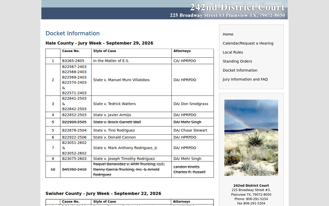 242nd District Court civil jury docket information table