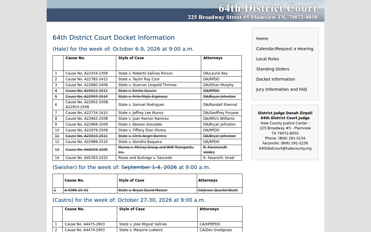64th District Court published jury docket information table